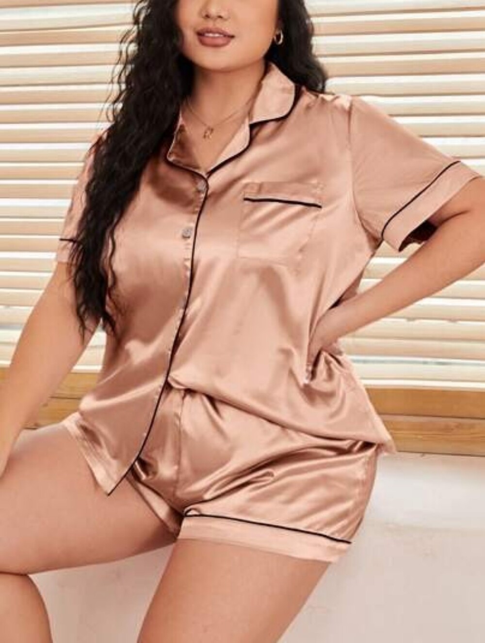 Silky Women's Pajama Set In Blush Pink w. Black Contrast
